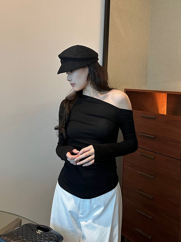 Diagonal Neck Long Sleeve T-shirt R31148