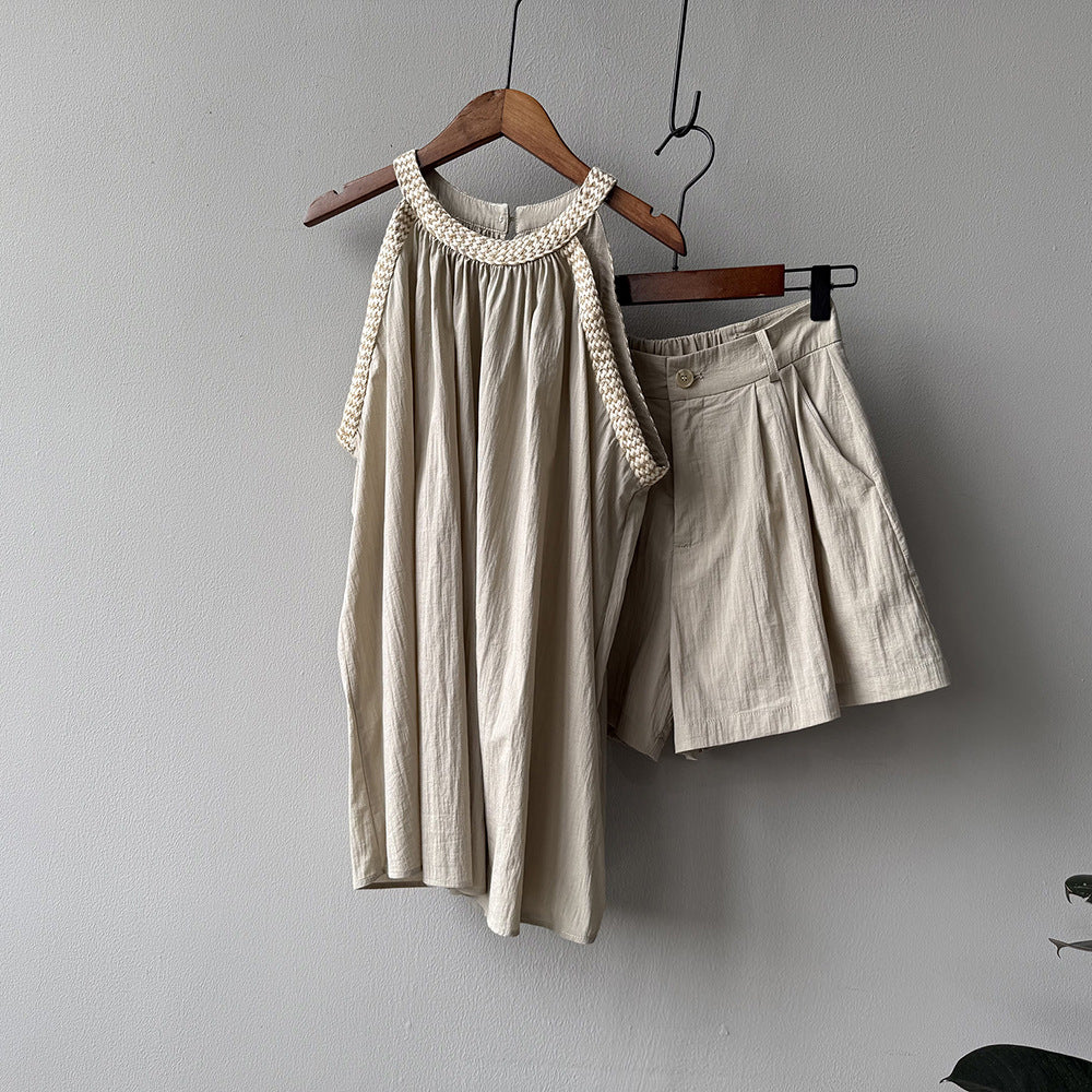 Crew Neck Pleated Shirt Shorts Set RH012989