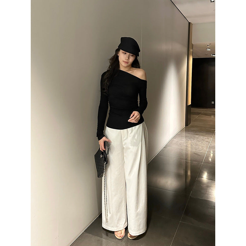 Diagonal Neck Long Sleeve T-shirt R31148