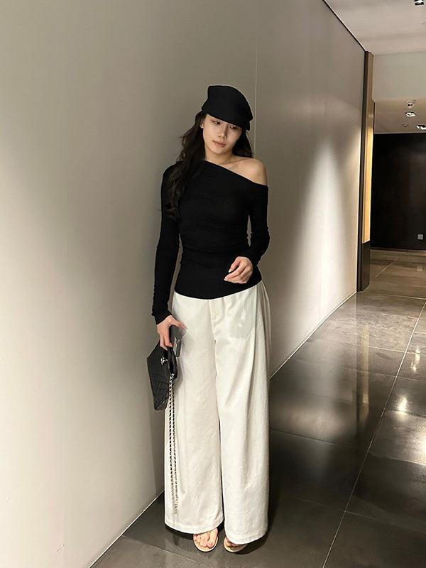 Diagonal Neck Long Sleeve T-shirt R31148