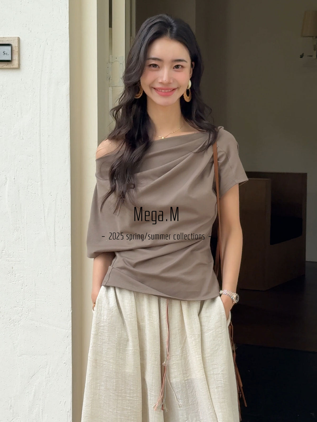 Mega. M Thirteen Lines Minimalist Loose High Intelligence One-word Shoulder Multi-color Top T-Shirt Cotton French Off-Shoulder Short Sleeves