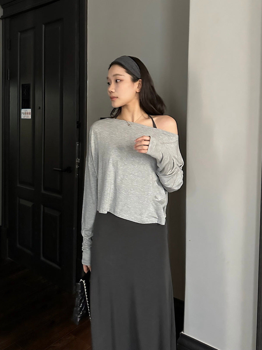 Asymmetrical Long Sleeve Top & Slip Dress Set R31181