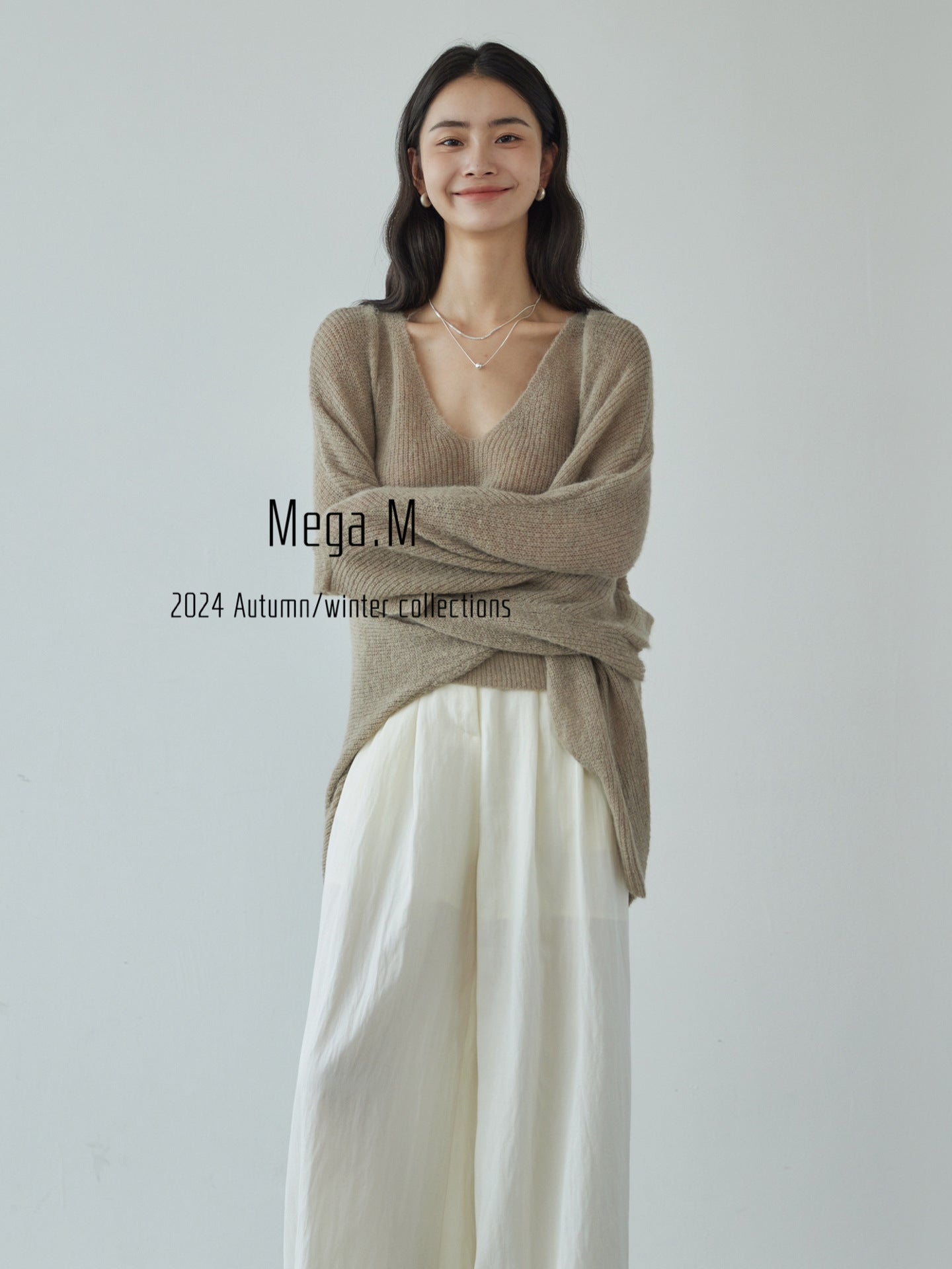 Mega. M Thirteen Lines Original Design Knitted Sweater Women's 2025 Autumn New Premium Thin Jacket Apricot Powder