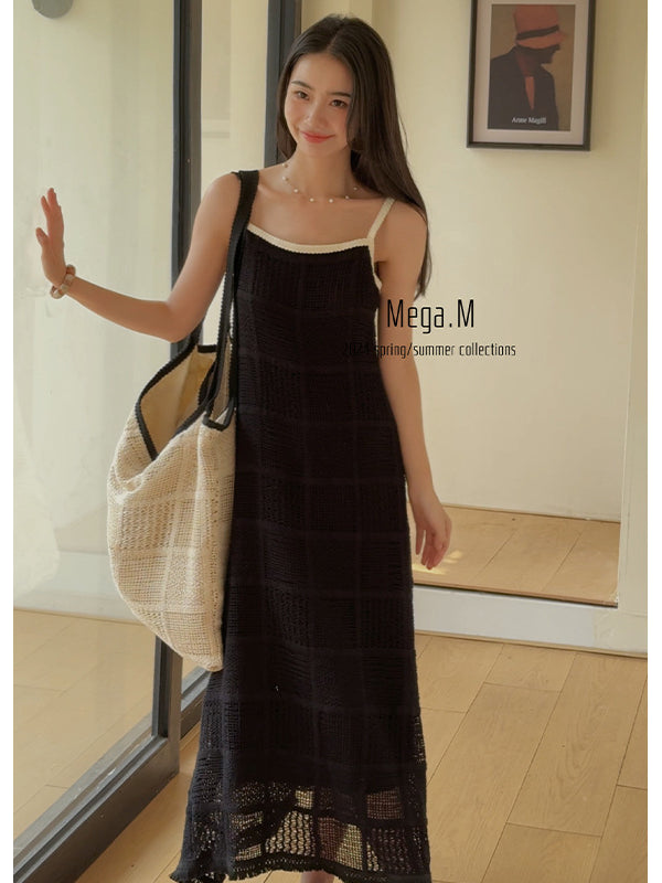 Mega. M Thirteen lines of minimalist and sweet hollow knitted dress for women, sleeveless vacation style summer dress for women, gentle