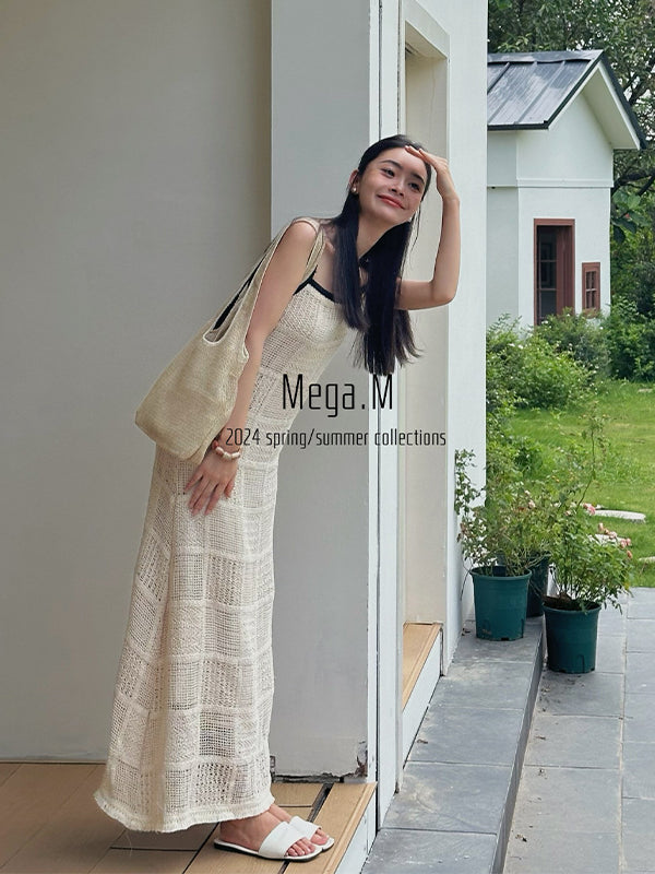 Mega. M Thirteen lines of minimalist and sweet hollow knitted dress for women, sleeveless vacation style summer dress for women, gentle