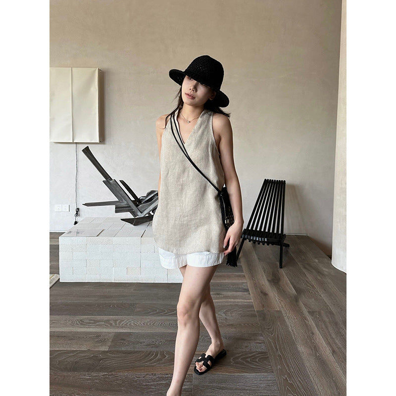 Linen V-neck Sleeveless Top R31110