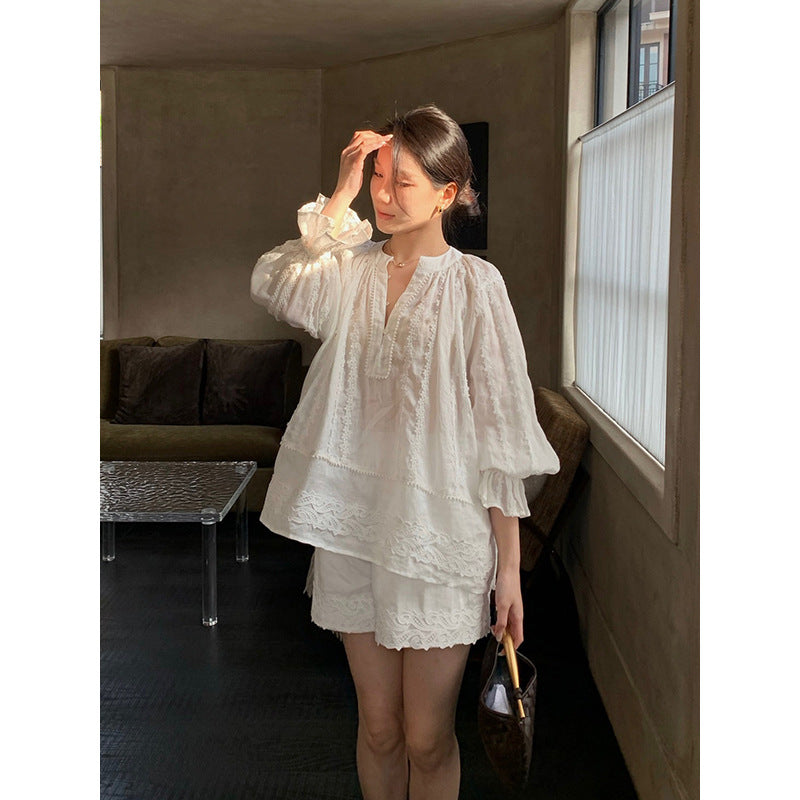 Lace Flare Sleeve Ramie Top & Shorts Set R31142