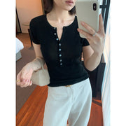 Henley Neck Short Sleeve Knit Top R31147