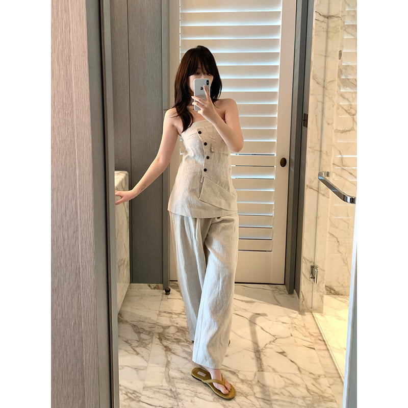 Linen Button Bandeau Top & Wide-Leg Pants Set R31160
