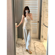 Linen Button Bandeau Top & Wide-Leg Pants Set R31160