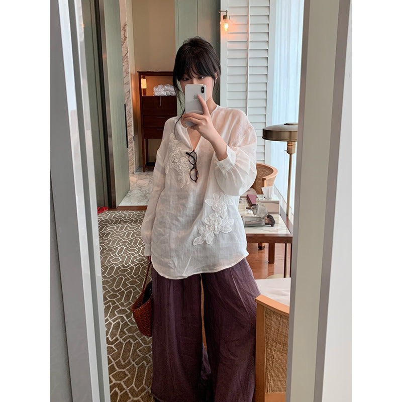 Embroidered Beaded V-neck Linen Top R31102