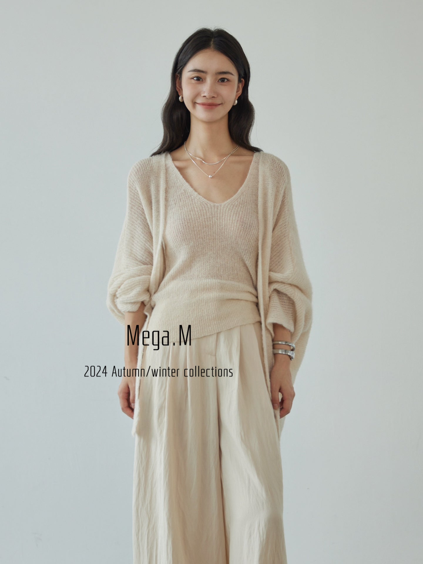 Mega. M Thirteen Lines Original Design Knitted Sweater Women's 2025 Autumn New Premium Thin Jacket Apricot Powder