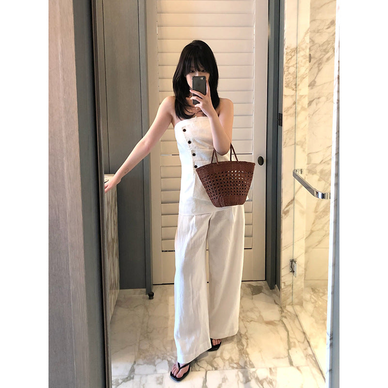 Linen Button Bandeau Top & Wide-Leg Pants Set R31160