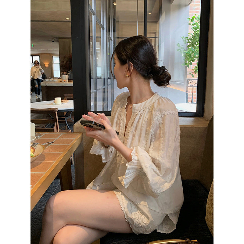 Lace Flare Sleeve Ramie Top & Shorts Set R31142