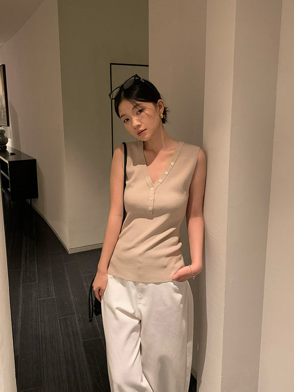 Button V-Neck Knit Vest R31165