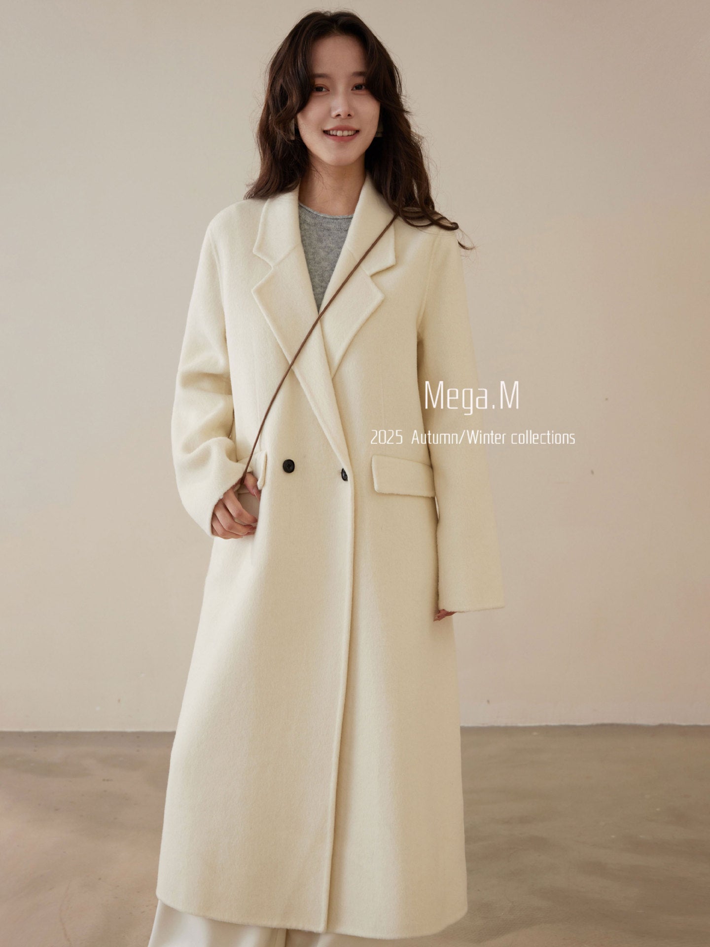 Magemon's new high-end simple commuter double-sided cashmere coat women's long suit collar woolen coat