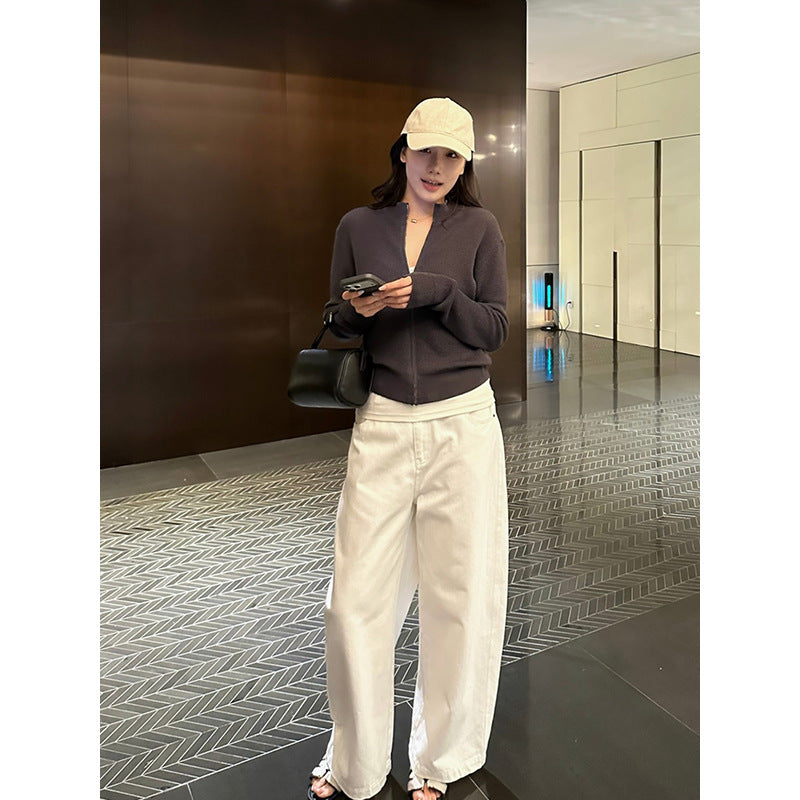 Ribbed Texture Stand Collar Zip Cardigan R31136