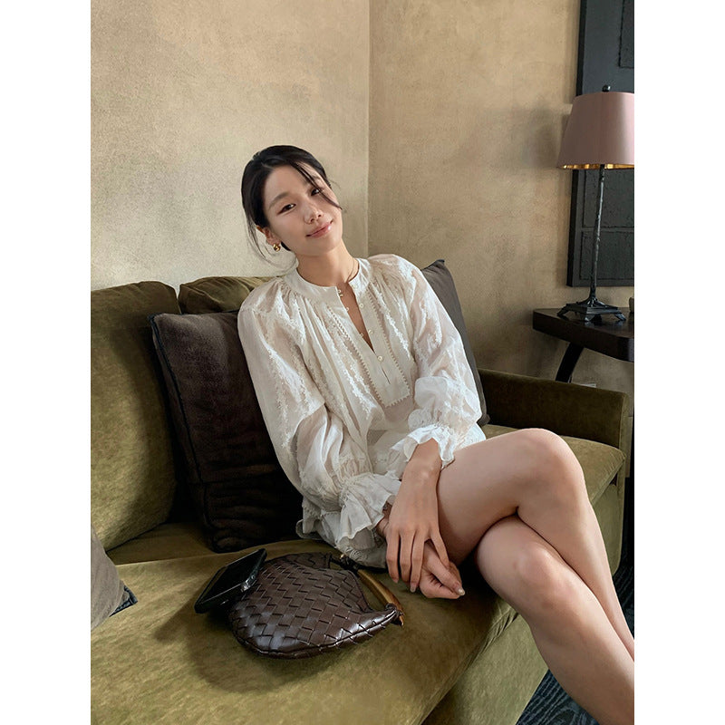 Lace Flare Sleeve Ramie Top & Shorts Set R31142