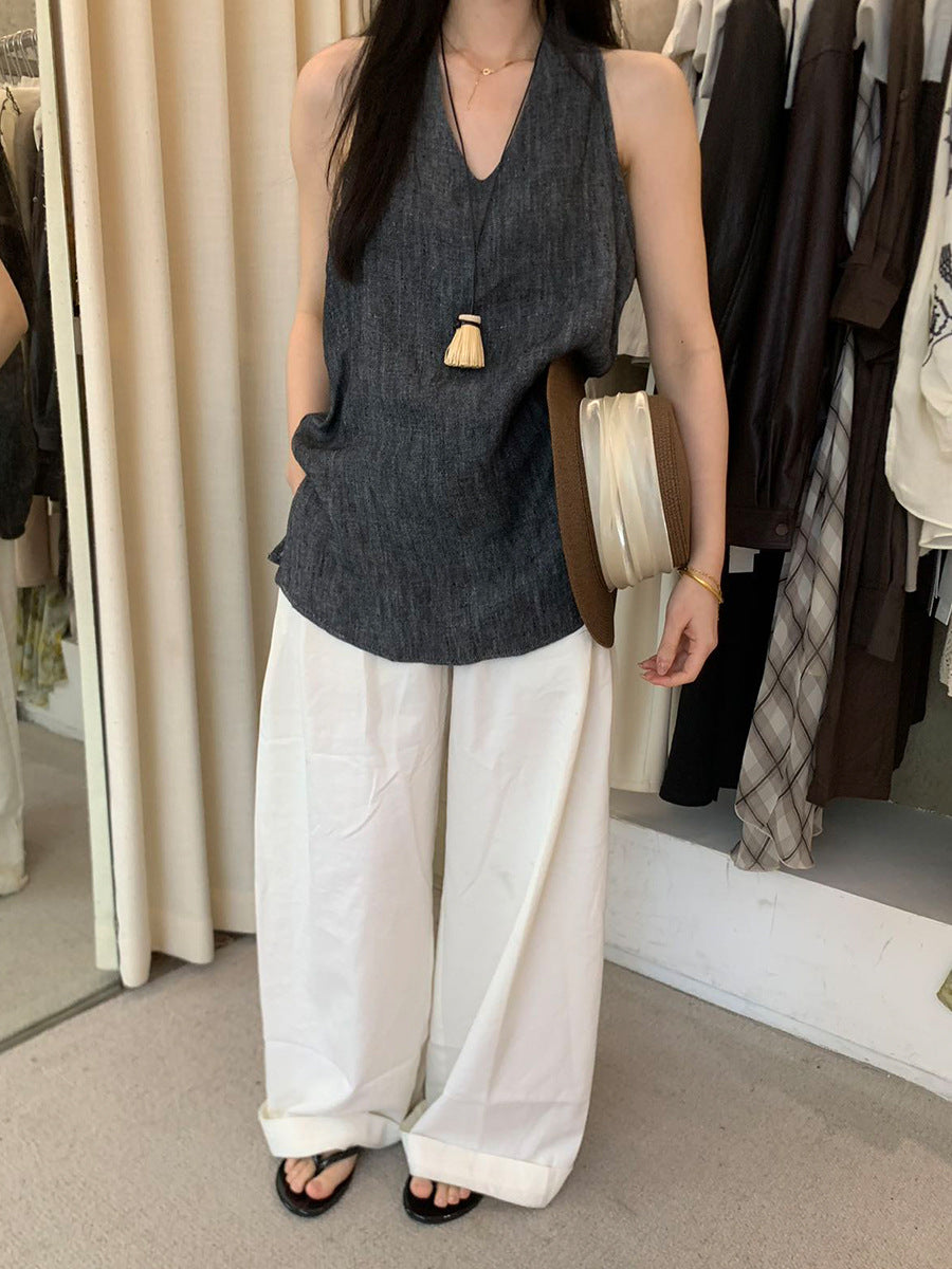 Linen V-neck Sleeveless Top R31110