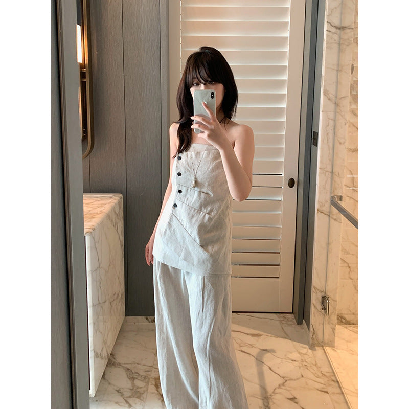 Linen Button Bandeau Top & Wide-Leg Pants Set R31160