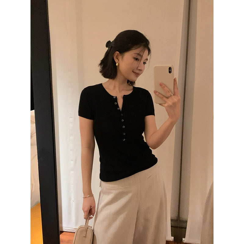 Henley Neck Short Sleeve Knit Top R31147