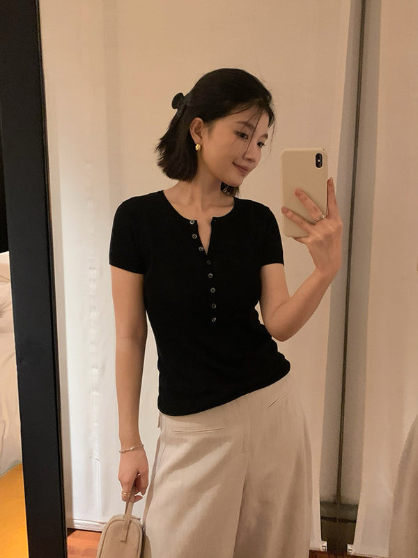 Henley Neck Short Sleeve Knit Top R31147